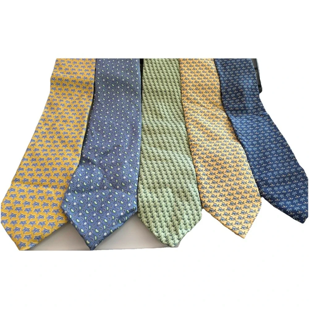 Vineyard Vines Tie Lot 5 Fish Anchor Nautical‎ Palm Tree Hook Blue Yellow Green